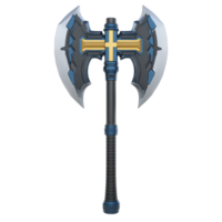 Double headed battle axe with sleek design features metallic finish and central golden cross. handle is wrapped for grip, and blades are sharp and symmetrical png