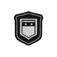 Black and white embroidered patch features shield design with two stars above horizontal stripe, symbolizing authority and protection. patch simple yet bold design conveys strength png