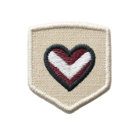 Heart shaped embroidered patch with red, white, and black colors on beige fabric background, symbolizing love and unity. patch has shield like shape with textured border png