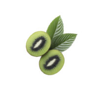 Fresh kiwi fruit sliced in half with vibrant green flesh and black seeds, accompanied by lush green leaves, isolated on transparency background png