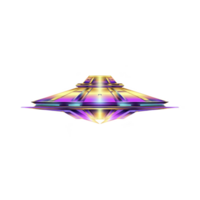 Futuristic, colorful UFO with sleek, symmetrical design and vibrant neon lights, floating against transparency background. spacecraft metallic surface reflects hues of purple, yellow, and blue png