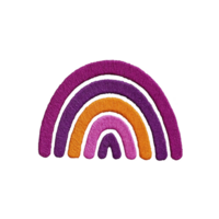 Colorful embroidered rainbow with vibrant purple, orange, and pink arcs creates cheerful and playful design. stitching adds texture and depth to simple yet eye catching pattern png
