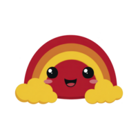 Cute, smiling rainbow with vibrant red, orange, and yellow arcs is nestled between fluffy yellow clouds, creating cheerful and playful atmosphere png