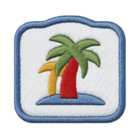 Colorful embroidered patch features tropical island scene with palm trees, evoking sense of adventure and relaxation. patch is bordered in blue, adding vibrant touch png
