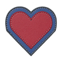 Heart shaped patch with red and blue leather texture, featuring detailed stitching around edges, creating stylish and bold design png