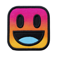 Colorful embroidered patch features smiling face with gradient background, blending pink, orange, and yellow hues. design is playful and vibrant, perfect for adding cheerful touch to clothing png