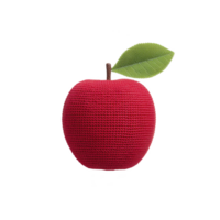 Red knitted apple with green leaf and brown stem, showcasing handmade, textured design. apple is isolated on transparency background, highlighting its vibrant colors and intricate details png
