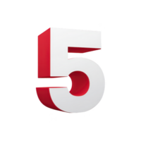 Bold, three dimensional number five with white front and red sides stands out against plain background, creating striking visual effect png