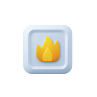 3D icon of yellow flame is set against light blue square background, symbolizing fire or heat. design is simple and modern, with soft color palette png