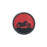 Round embroidered patch features black motorcycle silhouette on red background, bordered by black edge. design is simple and bold, ideal for motorcycle enthusiasts png