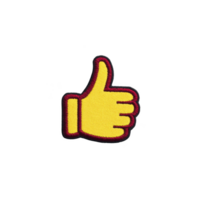 Yellow thumbs up patch with red border on transparency background, symbolizing approval or positivity. design is simple and bold, often used to express agreement or encouragement png