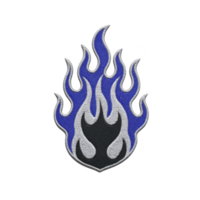 Blue and gray flame patch with bold design, featuring intricate embroidery and dynamic shape, perfect for adding flair to clothing or accessories png