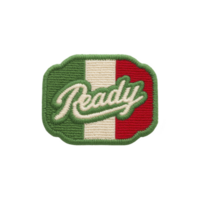 This features embroidered patch with word Ready script font set against background resembling Italian flag with green white and red vertical stripes. patch has green border.Ready patch with png