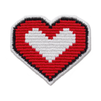 Heart shaped embroidered patch with red and white pixelated design, featuring bold outline. patch has textured appearance, giving it handmade feel png