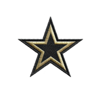 Black and gold embroidered star patch with textured design, featuring five pointed shape and metallic thread accents, set against transparent background png