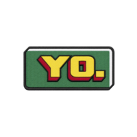 Rectangular embroidered patch features bold text YO. in yellow with red outline on green background, conveying casual and playful vibe png