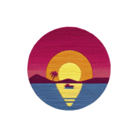 Vibrant sunset over calm ocean with small boat, silhouetted palm trees, and distant mountains creates serene and picturesque scene. circular design adds unique artistic touch png