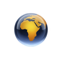 3D illustration of globe with focus on African continent, featuring glossy, reflective surface and vibrant colors. globe appears to be floating against plain background png