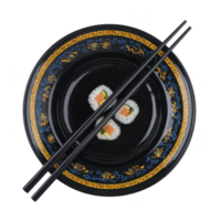 Three sushi rolls with salmon, avocado, and cucumber are elegantly arranged on decorative black plate with intricate gold and blue patterns, accompanied by black chopsticks png