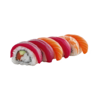 Colorful assortment of sushi rolls featuring fresh tuna, salmon, and shrimp, beautifully arranged in row. vibrant colors and textures create appetizing and artistic presentation png