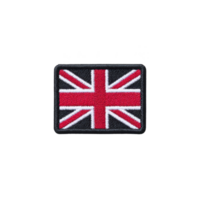 Rectangular embroidered patch featuring Union Jack flag design, symbolizing United Kingdom, with red, white, and blue colors on transparency background png