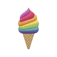 Colorful rainbow ice cream cone with waffle cone and vibrant swirled scoops. image is playful and cheerful, featuring spectrum of colors in ice cream png