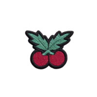 Vibrant embroidered patch features two red cherries with green leaves, set against transparency background. design is simple yet eye catching, perfect for adding playful touch to clothing png