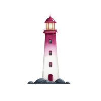 Tall, red and white lighthouse stands on rocky terrain, its light glowing warmly. structure is isolated, symbolizing guidance and safety amidst sea png