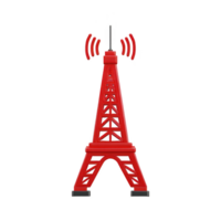 Red Eiffel Tower shaped radio antenna with signal waves emanating from top symbolizes communication and connectivity. design is modern and abstract png