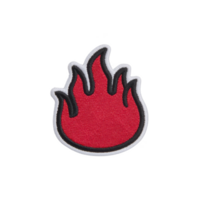 Vibrant red flame patch with black outline, designed for clothing or accessories, stands out against plain background. patch is embroidered, adding texture and style png