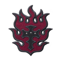 Red and black embroidered patch features cross design surrounded by flame like patterns, creating bold and striking appearance. patch is textured and detailed png