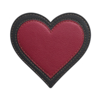 Red leather heart patch with black stitching, showcasing textured surface and handmade appearance. patch is isolated on transparency background, emphasizing its craftsmanship png