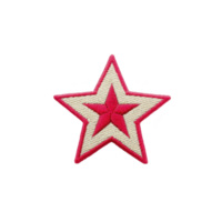 Red and beige embroidered star patch with bold design, featuring central red star outlined by beige border and red edge. patch is isolated on transparency background png