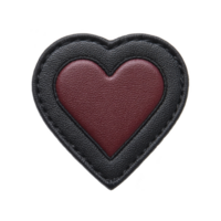 Heart shaped leather patch with textured surface features dark red center and black border, creating stylish and bold design png