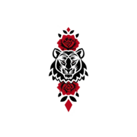 Fierce tiger head is surrounded by vibrant red roses and geometric shapes, creating bold and striking design. combination of nature and geometry adds unique artistic flair png