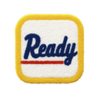 Fluffy, textured badge with word Ready in blue script and red underline, set against transparency background with yellow border, conveys sense of preparedness png