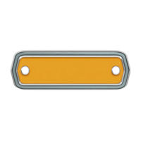 Rectangular orange metal nameplate with rounded edges and two holes for mounting, set against transparency background. design is simple and industrial, suitable for labeling or signage png