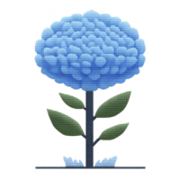 Digital illustration of blue flower with textured, pixelated appearance, featuring round bloom and green leaves on stem. design is simple and stylized png