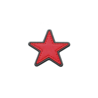 Vibrant red star patch with black border, symbolizing boldness and style, is displayed on plain background. embroidered design adds touch of texture and detail png