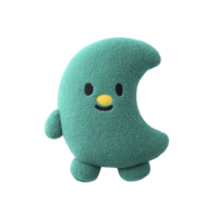 Cute, plush crescent moon toy with smiling face and small limbs, made of soft, textured fabric. toy is teal in color, creating playful and comforting appearance png