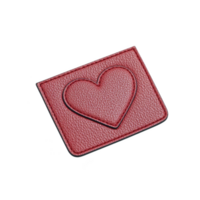 Red leather patch with heart design is displayed against plain background, showcasing its textured surface and craftsmanship. patch is rectangular with prominent embossed heart in center png
