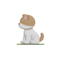 Cute embroidered patch of sitting dog with brown and white fur, showcasing playful and adorable design. dog is positioned on green base, adding touch of color png
