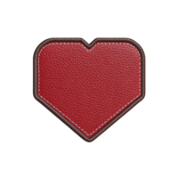 Red leather heart shaped patch with detailed stitching and textured surface, isolated on transparency background. patch has bold and stylish appearance, perfect for fashion or craft projects png