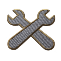 Crossed wrenches patch with gold trim, symbolizing repair and maintenance. embroidered design features textured silver surface, ideal for clothing or accessories png