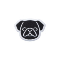 Black and white embroidered patch features simple outline of dog face, showcasing minimalist design. patch is suitable for clothing or accessories, adding playful touch png
