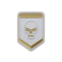White and gold embroidered patch features skull design, symbolizing strength and resilience. patch has shield shape with gold accents, ideal for jackets or bags png