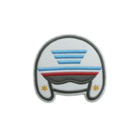 Patch featuring stylized helmet design with blue, red, and gray embroidery, evoking futuristic or space theme. helmet includes star details, adding playful touch png