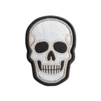 Skull shaped embroidered patch with black and white detailing, featuring simple and bold design. patch is suitable for clothing or accessories, adding touch of edgy style png