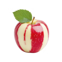 Vibrant red and white striped apple with green leaf on top, isolated on transparency background. apple unique pattern and fresh appearance make it visually striking png