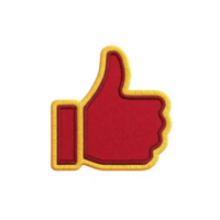Red thumbs up patch with yellow border, symbolizing approval or positivity, isolated on transparency background. embroidered design adds textured, vibrant look png